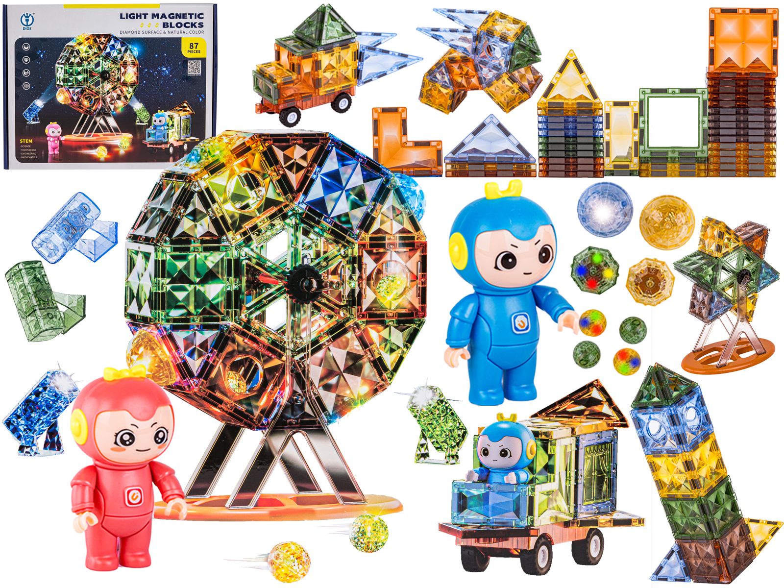 Konstrukcyjne Klocki Magnetyczne Świecące Elementy, Diabelski Młyn 87 El.