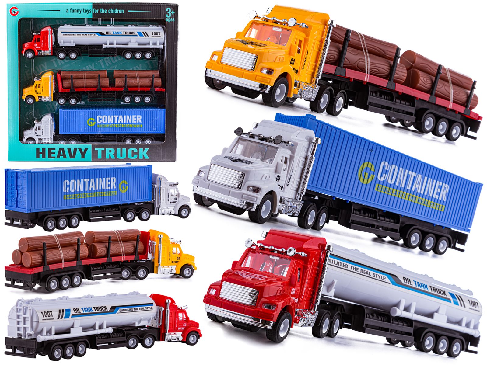 Zestaw 3 Ciężarówek, Samochód Ciężarowy + Naczepa, TIR - 3 Sztuki