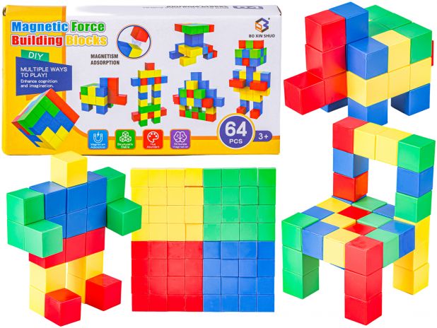 Klocki Magnetyczne 3D Konstrukcyjne KOSTKI BUDOWLANE Sześciany Zestaw Klocków 64 el.