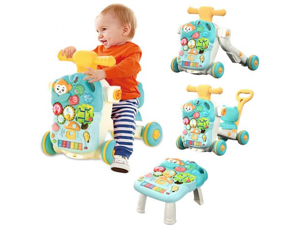 Wielofunkcyjny Interaktywny Jeździk Pchacz Chodzik Edukacyjny Stolik Grający 4w1 Niebieski