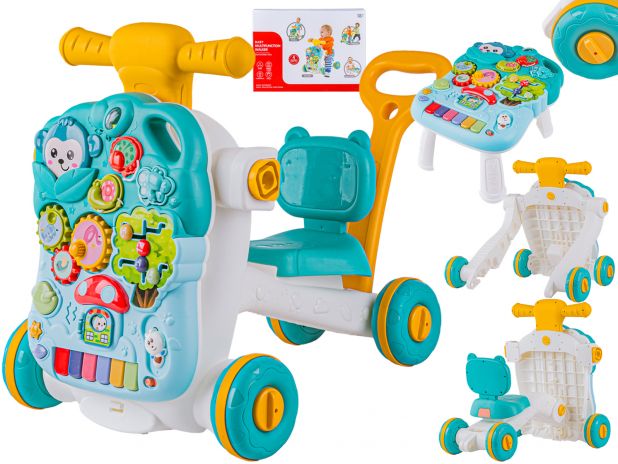 Wielofunkcyjny Interaktywny Jeździk Pchacz Chodzik Edukacyjny Stolik Grający 4w1 Niebieski