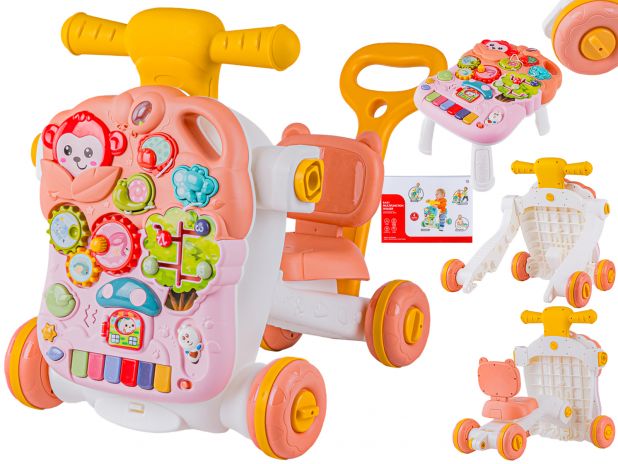 Wielofunkcyjny Interaktywny Jeździk Pchacz Chodzik Edukacyjny Stolik Grający 4w1 Różowy