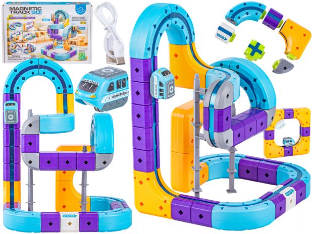 Tor Magnetyczny Zjazd samochodowy Kolejka Zjeżdżalnia Pociąg Klocki Konstrukcyjne 54 el.