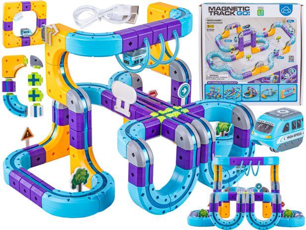 Tor Magnetyczny Zjazd samochodowy Kolejka Zjeżdżalnia Pociąg Klocki Konstrukcyjne 114 el.