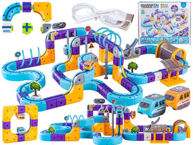 Tor Magnetyczny Zjazd samochodowy Kolejka Zjeżdżalnia Pociąg Klocki Konstrukcyjne 128 el.