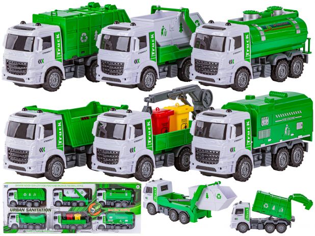 Zestaw 6 Pojazdów Ciężarowych Ciężarówka Tir Ciągnik Wywrotka Śmieciarka Beczkowóz