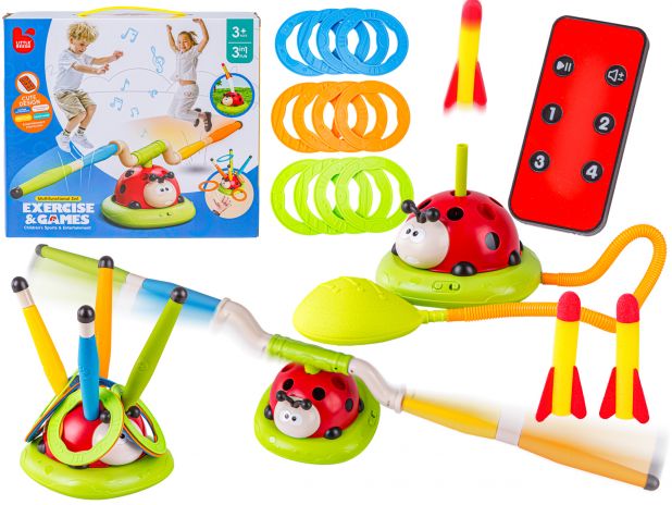 Gra Zręcznościowa 3w1 BIEDRONKA Wyrzutnia Rakiet Skakanka Rzut Do Celu Rzutki Skaczące Ramiona Interaktywna Zabawka Dla Dzieci